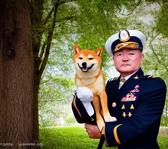 Image similar to 5 5 mm portrait photo of a military admiral with shiba inu face, in a park by luis royo. soft light. sony a 7 r iv