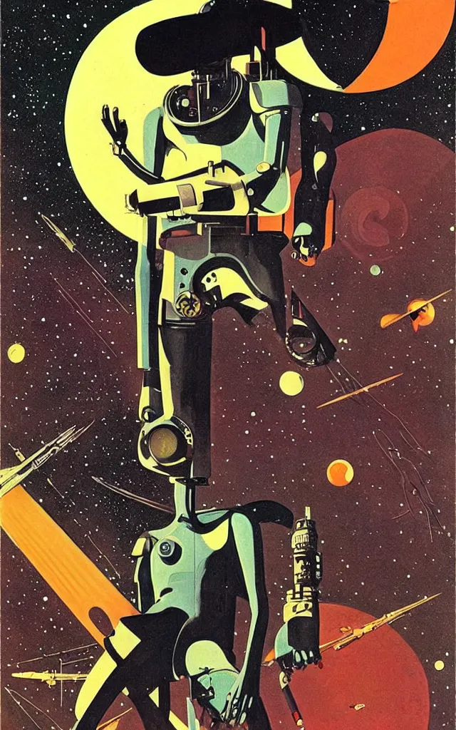 Prompt: space cowboy cyborg. space fantasy. bauhaus art. retro comicbook art. dean ellis.