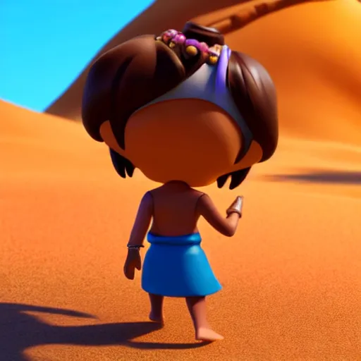 Image similar to aladdin's genius of the lamp as nendoroid walking in a desert in the croods movie style, anime, disney, pixar, 8 k, hd, dof, kodak film, volumetric lighting, subsurface scattering, photorealistic, octane render, details