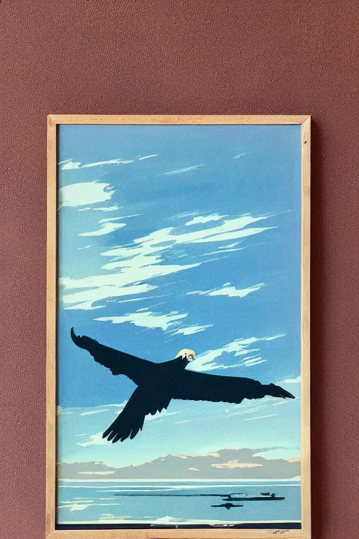 Prompt: silhouette of an eagles talon against the backdrop of the sky and ocean, mid century art
