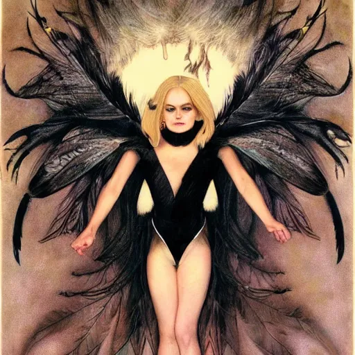 Image similar to dark swan queen, black feathers instead of hair, feathers growing out of skin, black fingers with black claws, bird feet, black bodysuit, disney villain, dark fae, moulting, suspended in zero gravity, on spaceship with cables hanging down, highly detailed, mike mignogna, ron cobb, mucha, oil painting