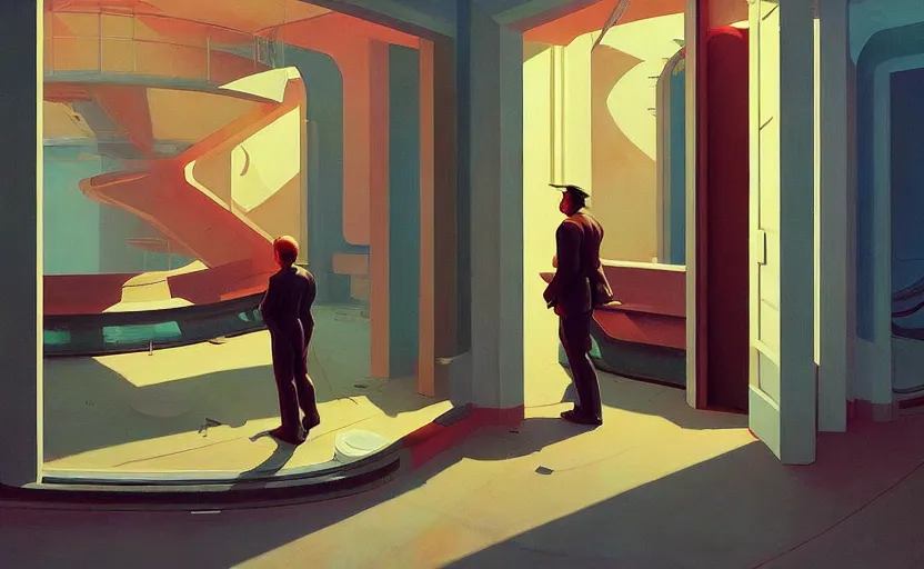 Image similar to inside a time machine portal to the space, very coherent, painted by Edward Hopper, Wayne Barlowe, painted by James Gilleard, airbrush, art by JamesJean