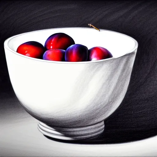 Image similar to concept art drawing of a single thick porcelain bowl filled with a few moist freshly picked plums on a wooden table. volumetric lighting. small scale. artistic. trending on artstation.