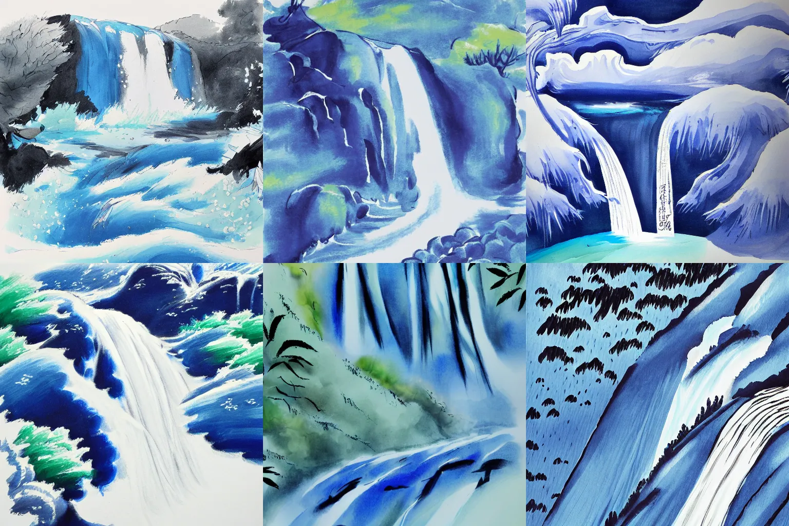 Prompt: an endless waterfall, painted with a thin brush, blue colour splash, detailed sumi-e illustration