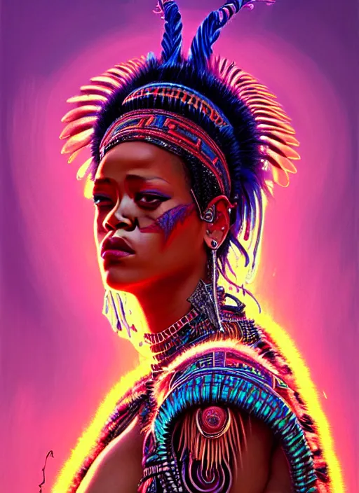 Prompt: portrait of rihanna, hyper detailed ultra sharp aztec shaman warrior. trending on artstation, warpaint aesthetic, bloodwave, colorful, psychedelic, ornate, intricate, digital painting, concept art, smooth, sharp focus, illustration, art by artgerm and greg rutkowski and h. r. giger, 8 k