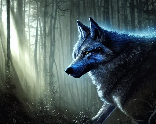 Prompt: 5 5 mm portrait photo of an armored holy wolf with blue glowing eyes and looking at the camera, flooded in holy lights, in a magical forest. magical atmosphere. art by greg rutkowski and luis royo. highly detailed 8 k. intricate. lifelike. soft light. nikon d 8 5 0.