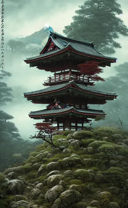 Image similar to japanese style shrine on top of a misty mountain overgrown, hyper realistic, lush gnarly plants, 8 k, denoised, by greg rutkowski, tom bagshaw, james gurney cinematic lighting