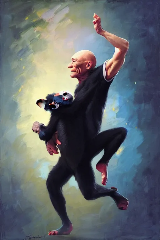 Image similar to patrick stewart dancing with a chimpanzee, animation pixar style, by magali villeneuve, artgerm, jeremy lipkin and michael garmash, rob rey and kentaro miura style, golden ratio, trending on art station