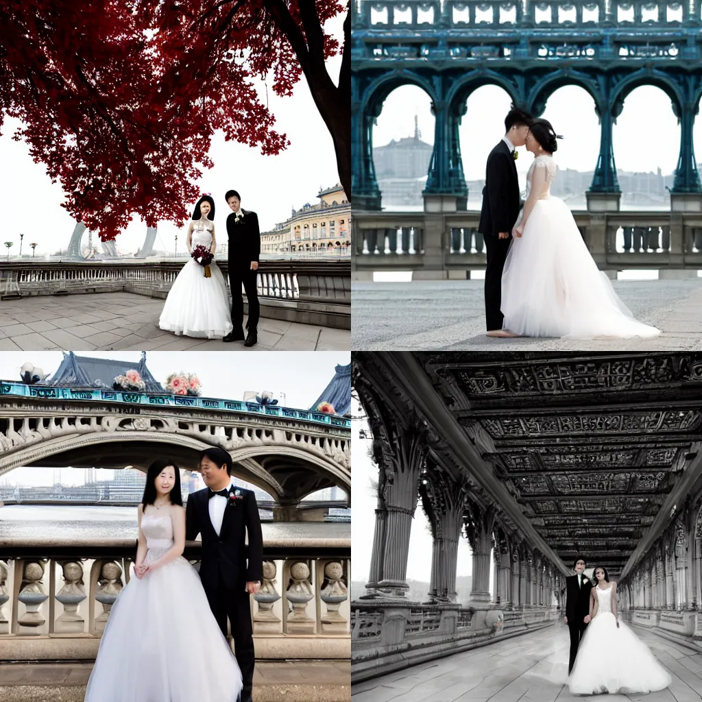 Prompt: romantic wedding photo of a couple (a tall chinese man and a chinese woman) on Alexandre III bridge, photo, 4k