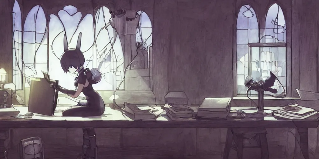 Prompt: 2b from nier automata wearing a headset with cat ears, focused on her homework inside a white church, tinted window in the background, robot cat pet sleeping on the desk, highly detailed, miyazaki ghibli style illustration, imaginary slice of life