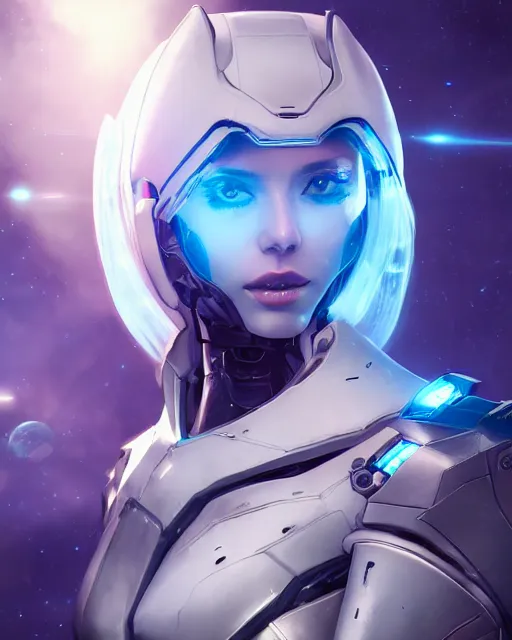 Image similar to perfect android girl on a mothership, warframe armor, beautiful face, scifi, futuristic, galaxy, nebula, raytracing, dreamy, long white hair, blue cyborg eyes, sharp focus, cinematic lighting, highly detailed, artstation, divine, by gauthier leblanc, kazuya takahashi, huifeng huang