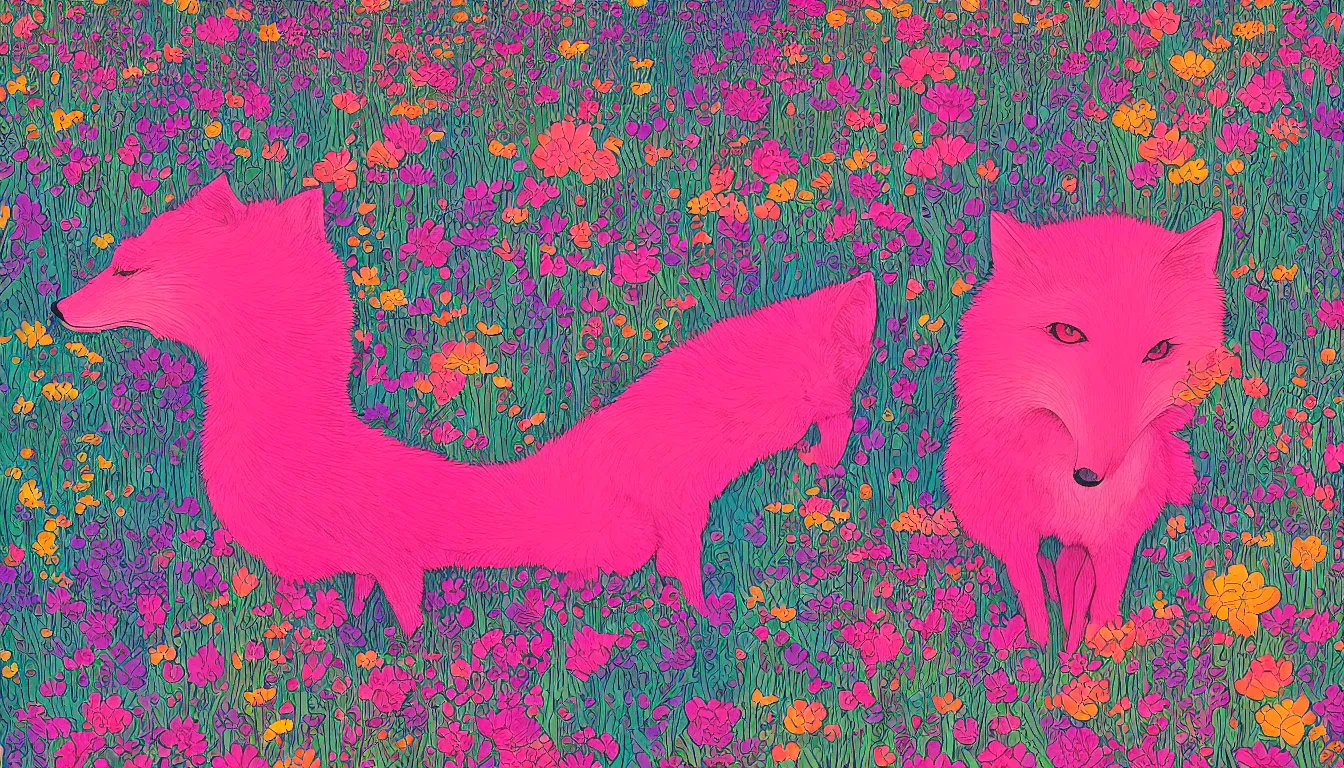 Image similar to pink fox head popping out of a field of multi colored flowers by kilian eng, victo ngai, josan gonzalez