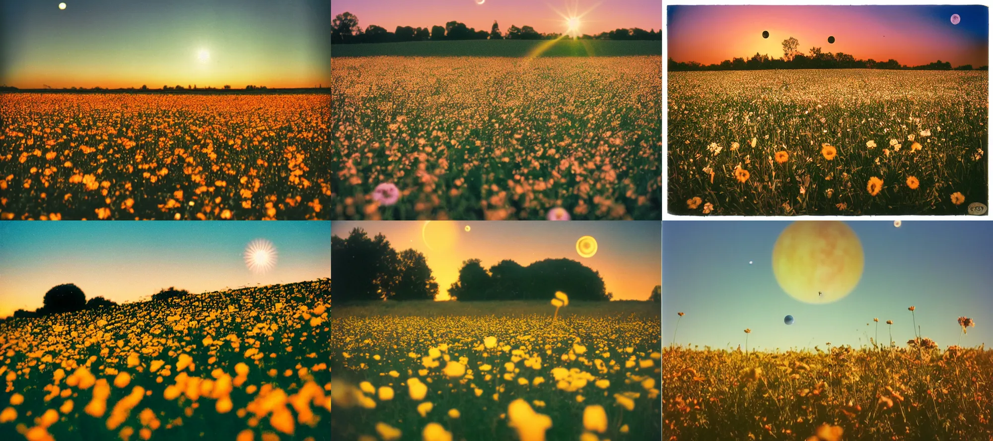 Prompt: Field of flowers with the planet Saturn in sky above, golden hour, cinecolor film