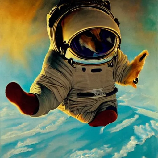 Image similar to surrealist painting of a corgi astronaut floating in outer space