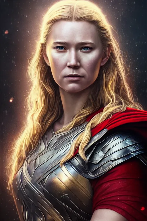 Image similar to Majestic and regal portrait of a female Thor, Marvel universe, Perfect face, beautiful, intricate, epic, elegant, menacing, fantasy, highly detailed, digital painting, hard focus, beautiful volumetric lighting, epic light, ultra detailed, by Leesha Hannigan, Ross Tran, Thierry Doizon, Kai Carpenter, Ignacio Fernández Ríos