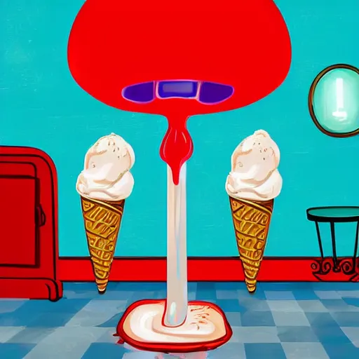 Prompt: ice cream parlor ( 1 8 5 0 ) is dimly lit with a one flickering lightbulb. an ice cream case in the room has leaked runny ice cream onto the floor, the shape of the leak is reminiscent of werewolf fangs. there is an eerie blue electric glow about. digital art, 3