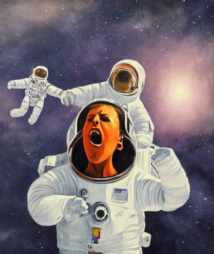 Prompt: a portrait oil painting of a screaming astronaut, dramatic and cinematic light, the background is a black sky with stars, in the style of thomas croft and edward hopper, 4 k,