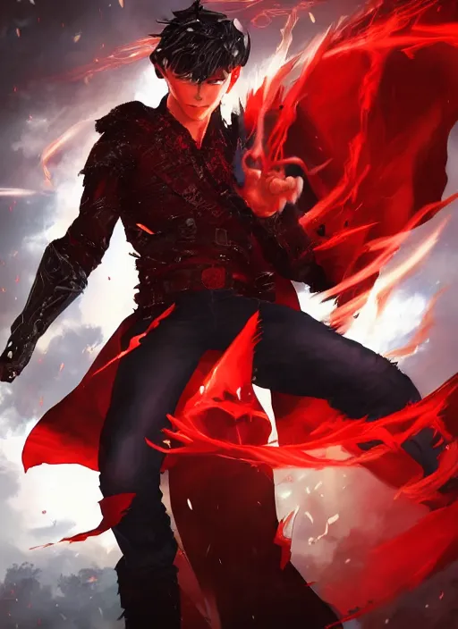 Image similar to An epic fantasy comic book style portrait painting of a young man with black and red cowlick haircut, red eyes, wearing an red shirt with X symbol, black overcoat, blue jeans. He is surrounded by red energy. Wearing a power scouter. Unreal 5, DAZ, hyperrealistic, octane render, cosplay, RPG portrait, dynamic lighting