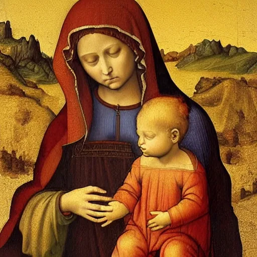 Image similar to very detailed oil painting of The Virgin Mary with God Child, landscape background, very detailed faces, by Leonardo Da Vinci