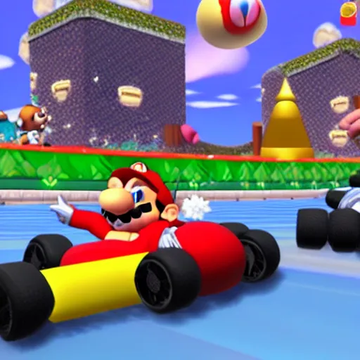 Image similar to Bernie Sanders playing Mario Kart, game screenshot