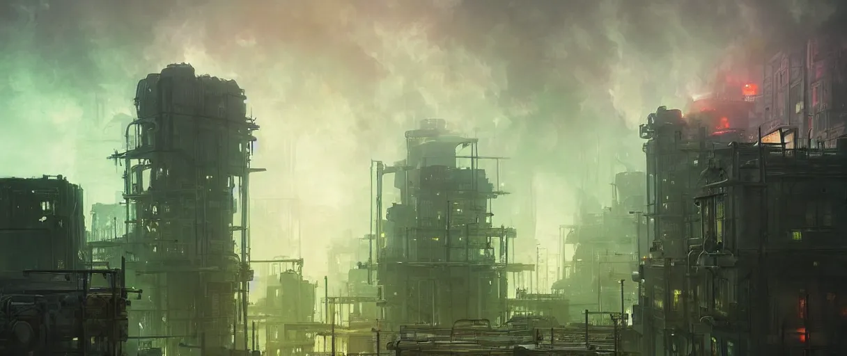Prompt: dystopian city of factories, lots of smoke rising from chimneys, concept art, digital painting, style of jordan grimmer, dark green lighting, futuristic, volumetric lighting, view from below, symmetrical, vivid colours, bright, daytime, godrays