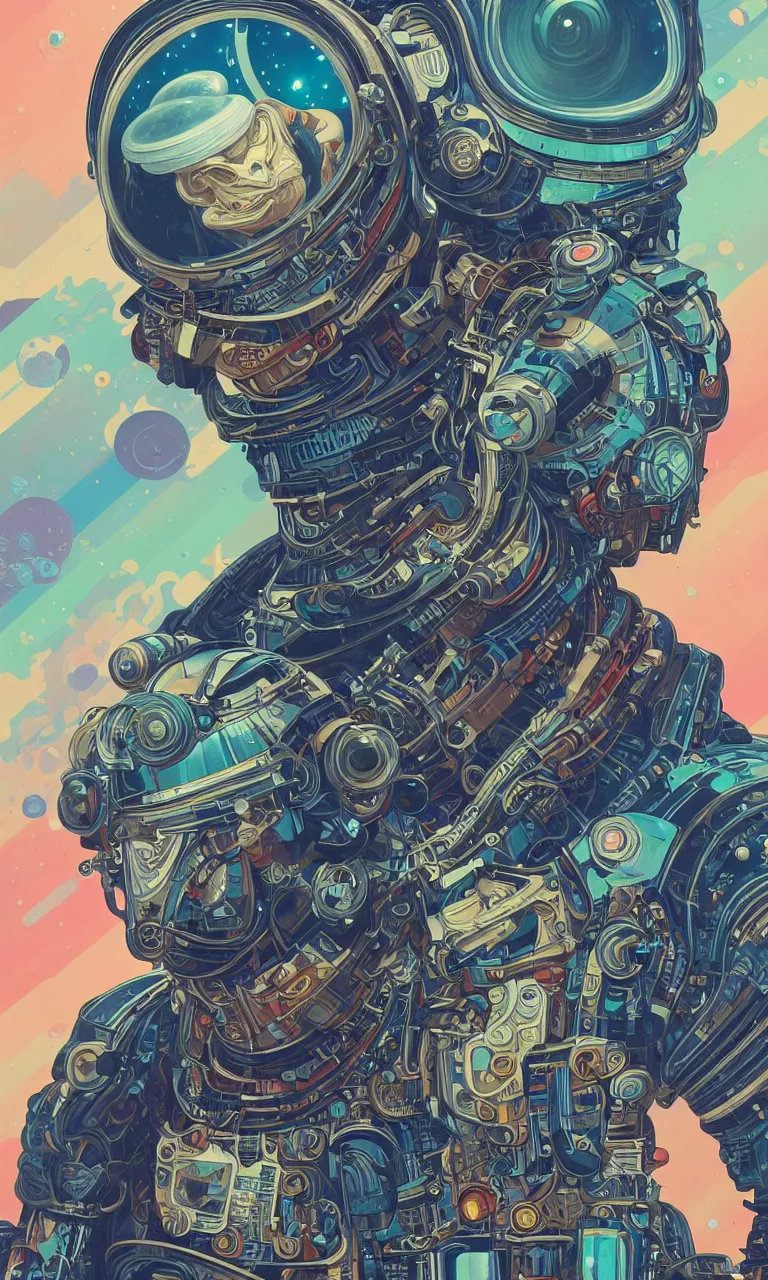 Image similar to high quality high detail biomechanical portrait of a spaceman diesel punk in an alien world, tristan eaton, victo ngai, artgerm, rhads, ross draws, hyperrealism, intricate detailed, alphonse mucha, 8 k, sci - fi, pastel colors, artstation,