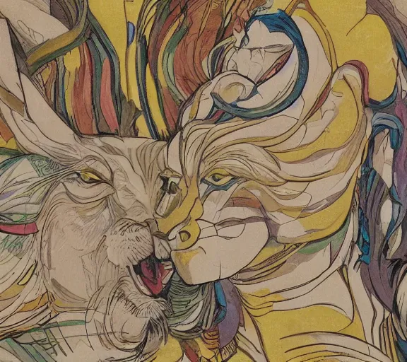 Prompt: rabbit and lion fight fiercely with anger in their eyes, wide angle lens, octane rendering, in the style alfonse mucha, 8 k,