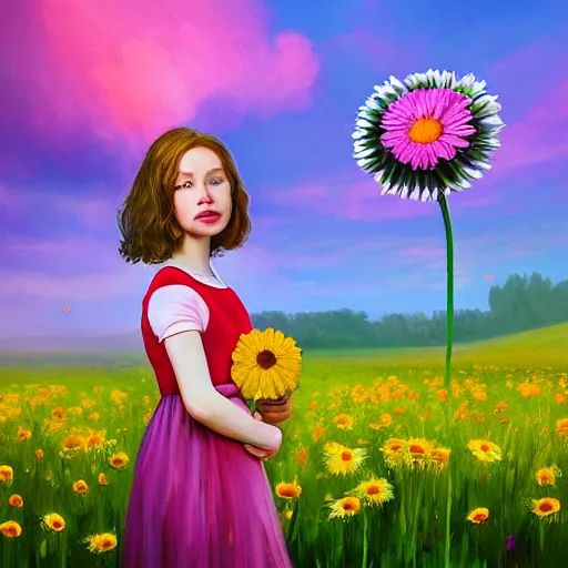 Prompt: giant daisy flower for a head, portrait of girl in flower field, holding daisy, surreal photography, sunrise, impressionist painting, colorful clouds, digital painting, artstation, simon stalenhag, flower face