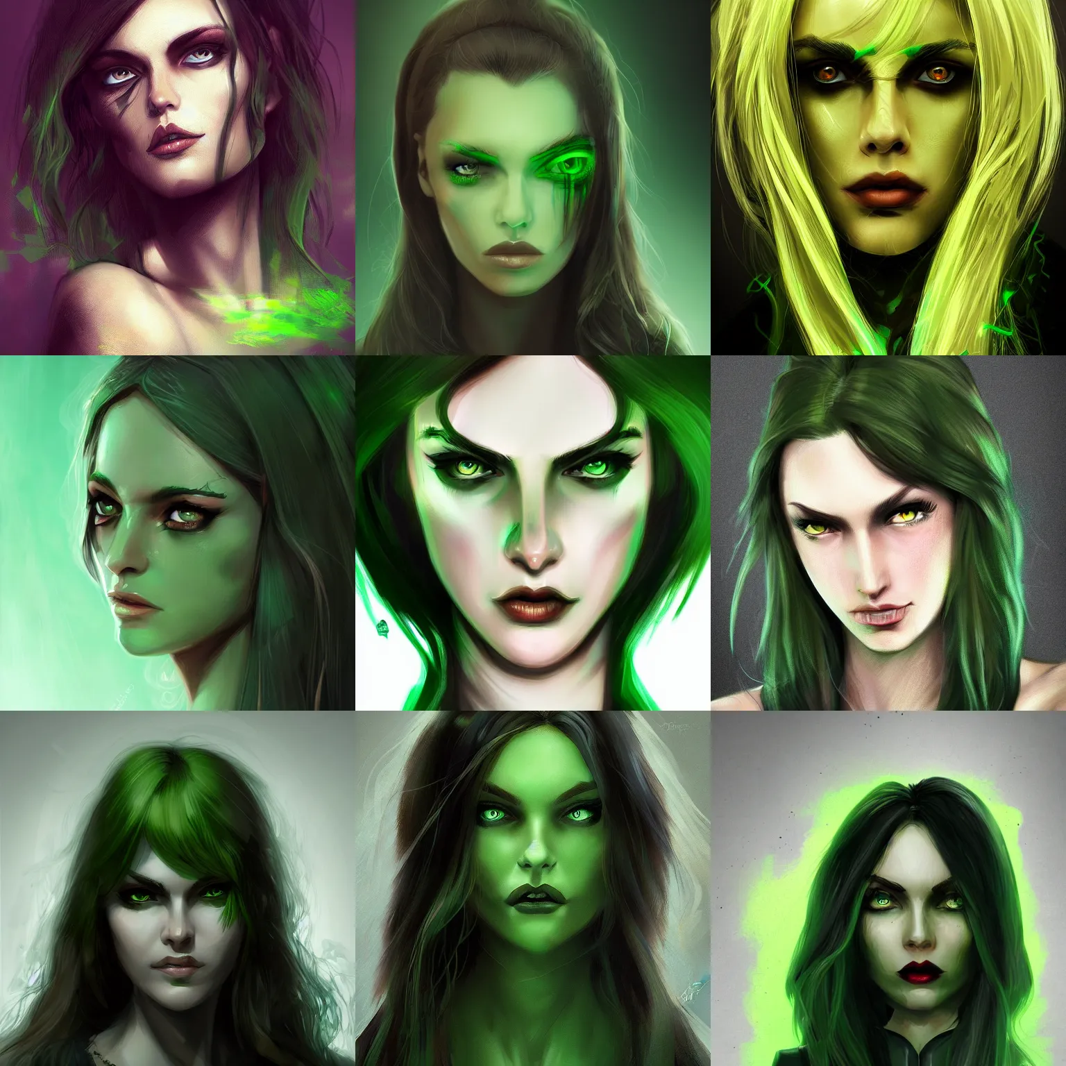Prompt: Woman with green eyes, dark, menacing, artstation, digital art