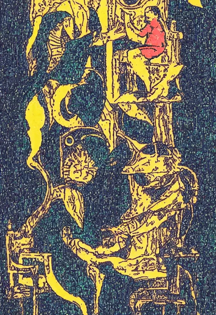 Image similar to Yann LeCun sitting on the throne on a tarot card, illustrated on the Rider–Waite tarot.