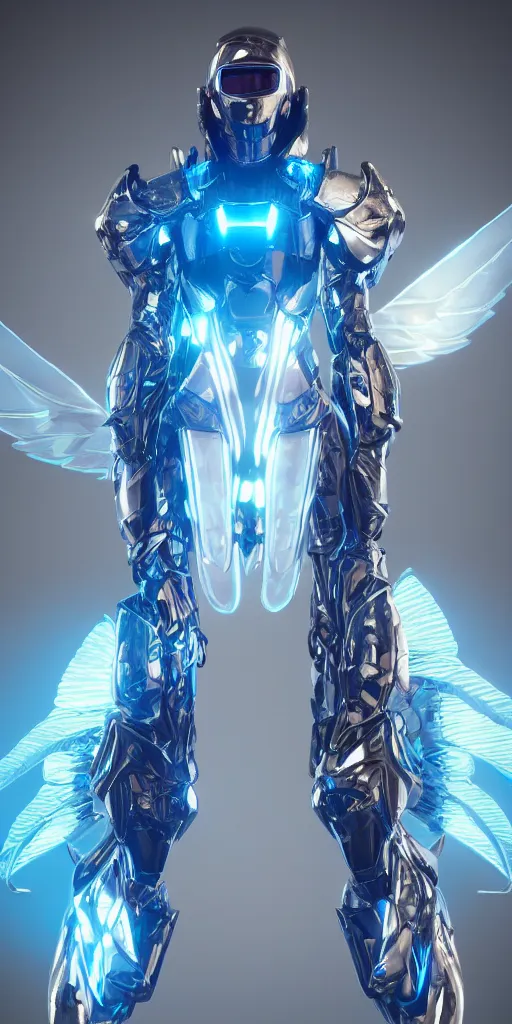 Image similar to ultra realistic details, hyper real, unreal engine 5, octane render, full body, celestial confident human in futuristic armor, new blue glowing double Hummingbird wings, floating in air, beautiful lighting, post processing