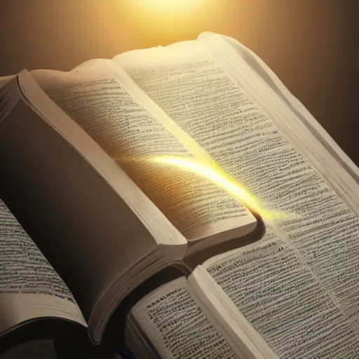 Image similar to photorealistic Bible, heavenly light shining onto it, golden light, aura, cgsociety, artstationhq, digital art, detailed