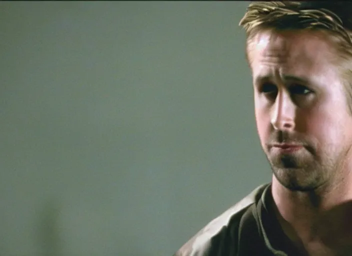 Image similar to film still of Ryan Gosling as Jack wearing feather jacket in Fight Club 1999