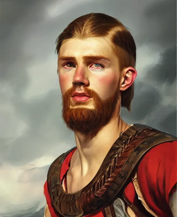 Image similar to portrait of a handsome young viking, art by denys tsiperko and bogdan rezunenko and franz xaver kosler, hyperrealism