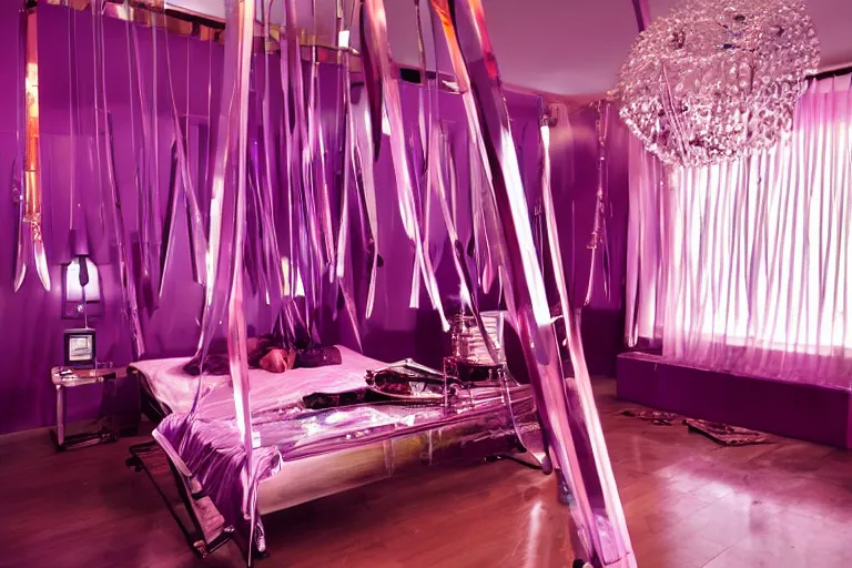 Prompt: high definition interior photographs tall ceilings, purple leather dungeon bedroom, blade runner 2 0 4 9, chrome dance pole, latex outfits, whips, floggers, chains, handcuffs king size canopy bed, interior set cinematic lighting,