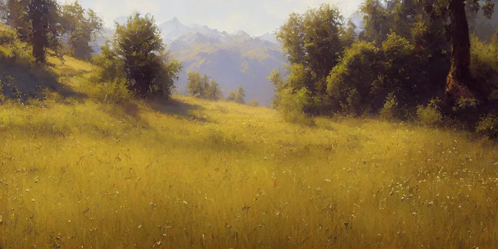 Image similar to an oil painting of a beautiful meadow; masterpiece; extremely-detailed; by Craig Mullins