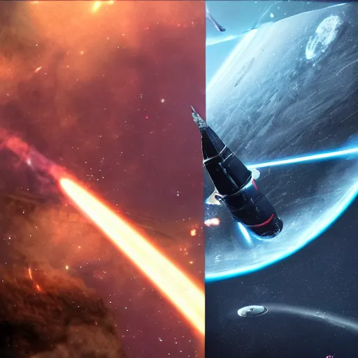 Prompt: an epic space battle between a fleet of space frigates, and a giant alien, found footage, realistic 8k photography