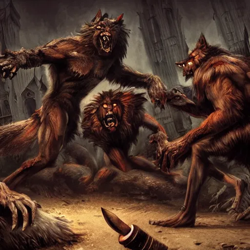 Prompt: A werewolf fighting a group of knights, gothic, horror, dark, intense, detailed, digital painting, artstation, concept art, by Barret Frymire