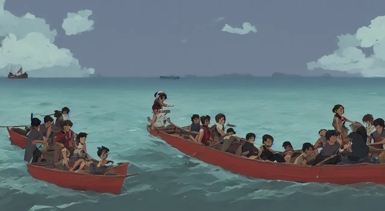 Image similar to havanese dogs and men on row boats, coming ashore in micronesia, 1 9 0 0, tartakovsky, atey ghailan, goro fujita, studio ghibli, rim light, dark lighting, clear focus, very coherent