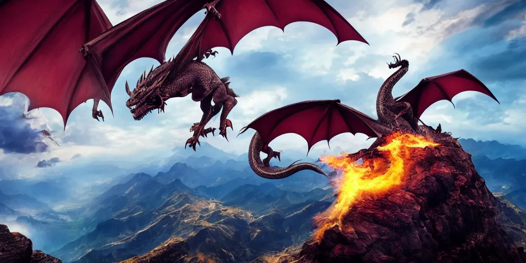 Image similar to A dragon breathing fire on the top of a mountain, epic wings half open, epic composition, detailed and intricate image, cinematic, 4K