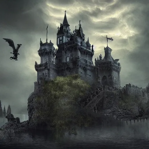 Prompt: a surreal elaborate dark gothic stone castle built over a lake at midnight with a second upside-down castle looming in the clouds above it, dramatic lighting, concept art, hyperdetailed, 4k