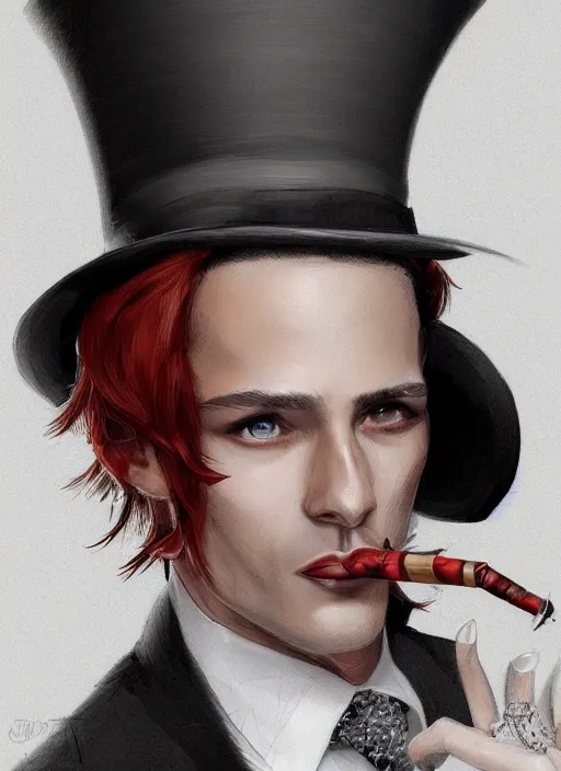 Image similar to a highly detailed illustration of stylish top hat wearing red haired ponytail man, with slight stubble, wearing suit vest, flashy smoking cigarette pose, intricate, elegant, highly detailed, centered, digital painting, artstation, concept art, smooth, sharp focus, league of legends concept art, WLOP
