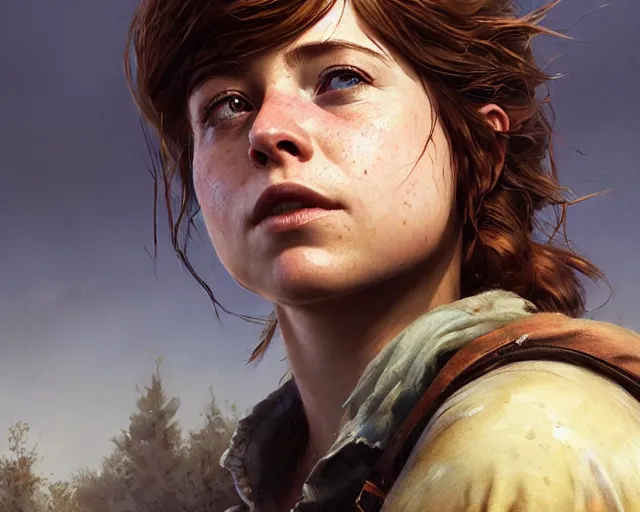 Image similar to highly detailed portrait of jessie buckley, in the last of us, stephen bliss, unreal engine, fantasy art by greg rutkowski, loish, rhads, ferdinand knab, makoto shinkai and lois van baarle, ilya kuvshinov, rossdraws, tom bagshaw, global illumination, radiant light, detailed and intricate environment