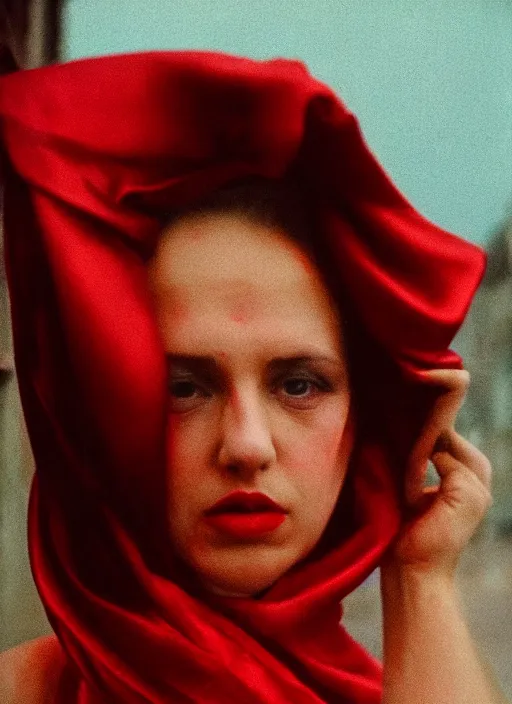 Prompt: extra close-up, color film photography, portrait of beautiful woman in red silk, in style of nan goldin, blue hour, 35mm, film photo