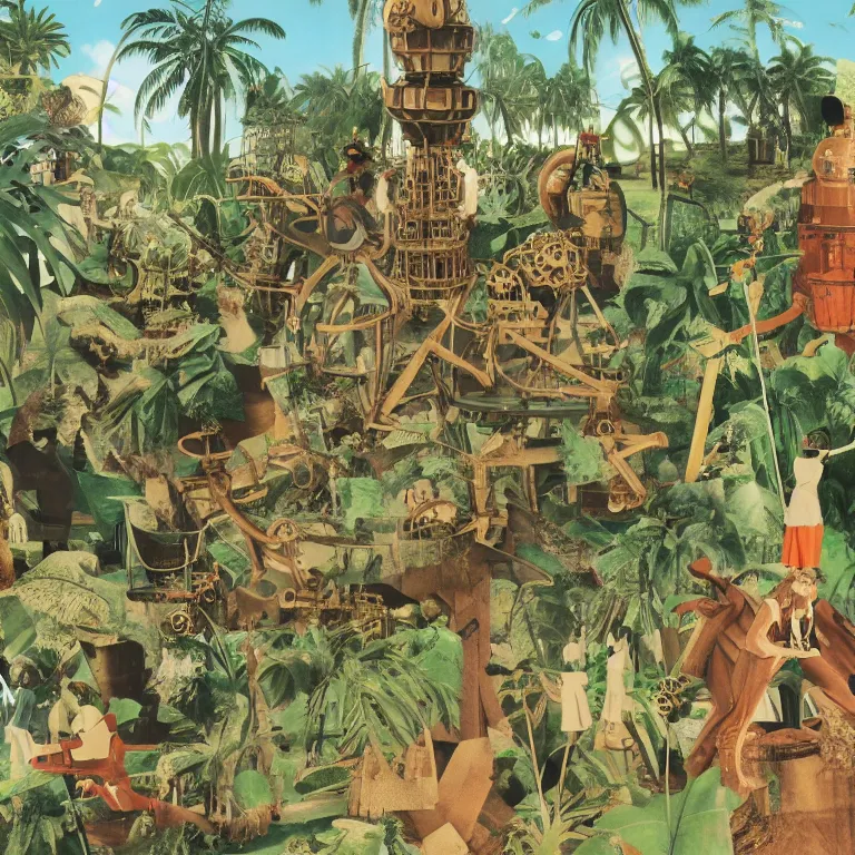 Image similar to a network of steampunk machinery in tropical nature, painted by Neo Rauch, 1970 magazine cut out collage