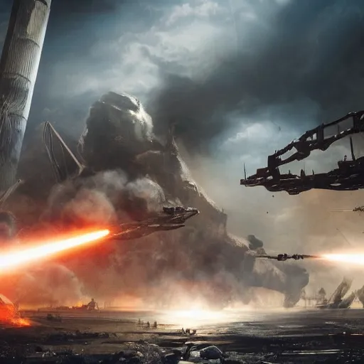 Image similar to science - fiction futuristic apocalyptic war scene with explosions