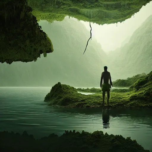 Prompt: indoors. dangerous creature lurking, eyes visible. a large body of water with green algae in it, a matte painting by filip hodas, cg society contest winner, environmental art, matte painting, volumetric lighting, cryengine