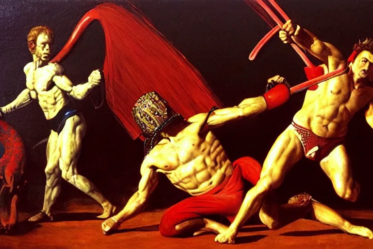 Prompt: only with red, ney matogrosso wrestling with a giant cobra, a red tiger, in hoc signo vinces, 2 0 3 0 rome in background, an ancient sword and battle, painting by max earnst, intricate composition, red by caravaggio, insanely quality, highly detailed, masterpiece, red light,