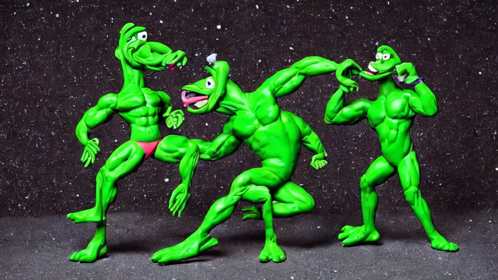 Prompt: Rare found plasticine footage of the muscular green shronk mascot ultra-wrestling with a complex intricate bodybuilder-creature! very ultra funny faces! exaggerated posing, very dynamic and grabbing, group acrobatics! Found in 1985, photographed by Ansel Adams standing out in a dark place in the sky at night under the moon. Everyone is grappling and grabbing! #ultra-acrobatics #posing #proud #westling #ultra-wresting #interlocking #plasticine #disturbing #dramatic #highiso #shrektorted #zuckpunk #verytextured-bodies #extreme #foundhell #ultra-textured