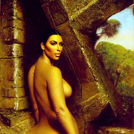 Prompt: detailed portrait of kim kardashian in mayan pyramid jungle ruins by rudolf ernst, john frederick lewis, jean - leon gerome, rudolf weisse, david roberts, charles theodore frere